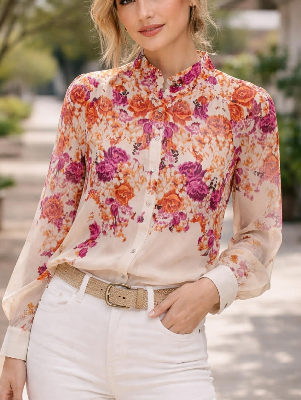 Rose & Olive Floral Blouse - Pink, Orange, Cream